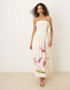 Платье миди Abercrombie & Fitch без бретелек с заниженной талией в кремовом цветочном стиле