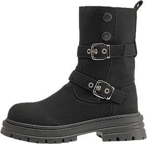 Женские ботильоны с регулируемой пряжкой, сапоги средней длины до икры, зимние мотоциклетные ботинки, обувь с низким каблуком, байкерские короткие ботинки Generic, Black