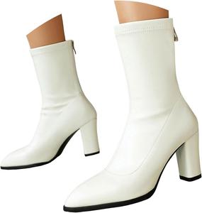 Женские ботильоны с острым носком, массивным высоким каблуком, без застежки, модные сзади на молнии, кожаные, удобные короткие ботинки, прогулочная обувь, осень-зима, стильные рабочие ботильоны на каблуке для женщин Generic, White