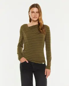 Женская футболка в полоску с люрексом и асимметричным вырезом Paz Torras, оливковый зеленый