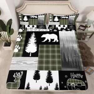 Erosebridal Комплект постельного белья Hunting Deer Bear с лесными животными в зеленую клетку и принтом сосновых деревьев, Bear Deer 02