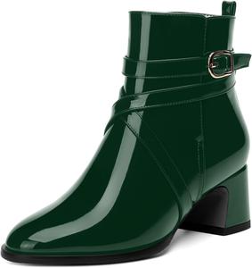 Женские офисные ботильоны MOVINSTEPS с пряжкой, милым круглым носком, ремешком на щиколотке, лаковой отделкой, массивным низким каблуком 2 дюйма, Dark Green
