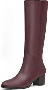 Женские высокие сапоги до колена с круглым носком, массивным каблуком и боковой молнией, из эластичной искусственной кожи Goderci, Burgundy