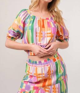 Кроп-топ с пышными рукавами и геометрическим принтом в мультиколоре And The Why