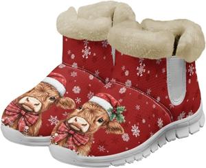 Зимние женские ботильоны Howilath Christmas Fuzzy с плюшевой подкладкой, Christmas Cow Snowflake