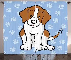 Штора ABAKUHAUS Beagle в деревенском стиле с принтом мультяшной собаки и лапы, универсальная тесьма для гостиной с петлями и крючками, 280 x 225 см, нежно-голубой, белый и рыжий Abakuhaus