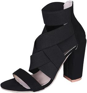 Женские босоножки ZBYY на ремешке с открытым носком, массивным каблуком и эластичным ремешком, гладиаторские сандалии, Black 10.5