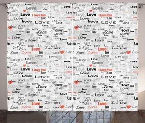 Штора ABAKUHAUS Валентайн в деревенском стиле, с сердечками Я люблю тебя, универсальная тесьма для гостиной с петлями и крючками, 280 x 225 см, светло-серый, алый, черный Abakuhaus