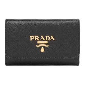 PRADA Ключница из сафьяновой кожи для женщин, черная с гибискусом