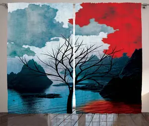 Штора ABAKUHAUS Одинокое дерево в деревенском стиле, Идиллическая природа, для спальни, присборенная тесьма с петлями и крючками, 280 x 225 см, ярко-синий и светло-голубой Abakuhaus