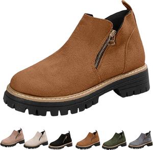 Женские ботильоны на низком каблуке, женские ботильоны на массивном каблуке, замшевые удобные с платформой, с рифленой подошвой и круглым носком, повседневные винтажные туфли с боковой молнией Generic, Brown