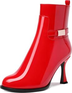 Женские ботильоны на молнии с круглым носком, лаковые, для улицы, с высокими каблуками 3,3 дюйма DEMOSHINE, Red