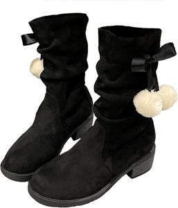 Женские замшевые сапоги AngryMonkey слипоны до середины голени, индивидуальный стиль, шнуровка, помпоны, круглый носок, широкий голеностоп, поддержка свода стопы, противоскользящие массивные высокие сапоги, Black