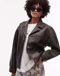 Укороченная куртка на пуговицах из искусственной кожи Topshop черного цвета