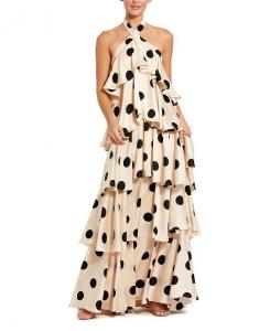 Платье-макси с рюшами и запахом из шифона в горошек Mac Duggal, мультиколор