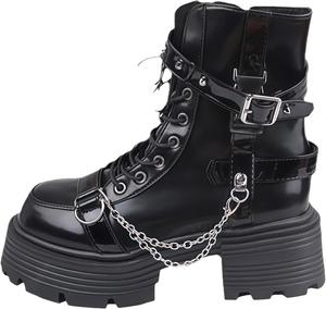 Женские готические панк-ботильоны Y2K - стиль Visual Kei и гранж с металлическими пряжками и цепочками, удобная нескользящая платформа для повседневного уличного стиля TAURAOO, Black