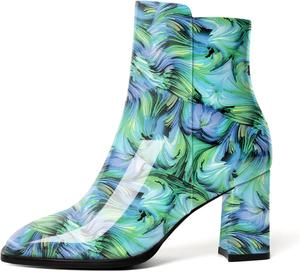 Женские стильные ботильоны AUMOTED с массивным каблуком, закрытым квадратным носком и боковой молнией, короткие ботинки, каблук 3,4 дюйма, Patent Floral Green