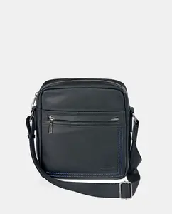 Мужская сумка через плечо PIERRE CARDIN из черной кожи с синей строчкой