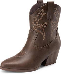 Женские ковбойские ботинки DREAM PAIRS, с вышивкой и декоративной строчкой, короткие вестерн-батинки с низким массивным каблуком и заостренным носком, ботильоны, Brown
