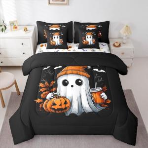 Erosebridal Комплект постельного белья Cute Ghost с готическим принтом тыкв и летучих мышей, хлопковый материал, тематика Хэллоуина, Black Orange