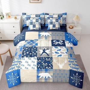 Erosebridal Комплект постельного белья Wildlife с принтом в стиле лесной тематики, включающим оленей, медведей и племенные узоры, из мягкого материала синего цвета, Blue Yellow