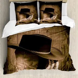 Пододеяльник ABAKUHAUS в стиле вестерн, с изображением ковбойской шляпы, устойчив к клещам, подходит для аллергиков, с наволочками, 155 x 220 см - 80 x 80 см, коричневый Abakuhaus