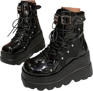Женские готические ботильоны DESESE на платформе, противоскользящие, с шнуровкой, на танкетке, средние по голени, с круглым носком, на толстом каблуке, боевые ботинки с пряжкой, толстой подошвой и молнией, Black-1
