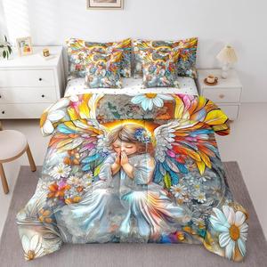Erosebridal Комплект постельного белья Bohemian Angel Baby Rainbow Angel Wings Vintage Magic Fairy Floral Fantasy Daisy Flowers с пододеяльником, Yellow White Blue