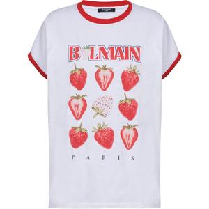 Двухцветная футболка с принтом клубники BALMAIN, белый