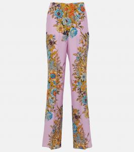 Широкие брюки из шелка с высокой посадкой и цветочным принтом Etro, розовый