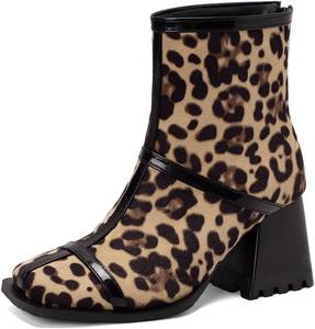 Женские ботильоны с квадратным носком, массивным каблуком и высокой пяткой, на щиколотку, с молнией сзади, модные зимние элегантные короткие ботинки JOEUSTY, Leopard-Velvet Lined