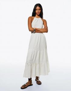 Платье миди Bershka с оборками и халтером белого цвета