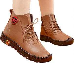 Женские кожаные теплые ботинки на флисе с ручной строчкой, утепленные хлопком, зимние мягкой подошвой, противоскользящие водонепроницаемые повседневные снежные сапоги ELSHTIDE, Brown