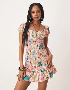 Мини-платье ASOS DESIGN с открытыми плечами, завязкой спереди, сборками и цветочным принтом