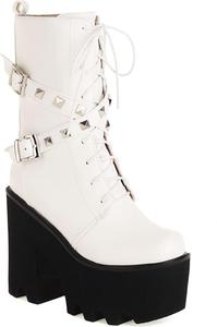 Сексуальные женские ботильоны на высоком каблуке, с круглым носком, платформой и массивным каблуком, шнуровкой, заклепками, из искусственной кожи, винтажного стиля, с боковой молнией WOkismD, White 38
