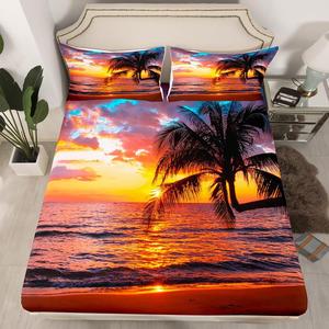 Erosebridal Комплект постельного белья Beach Sunset с тропическим принтом пальм и морским пейзажем, Multi 13