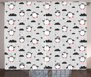 Штора ABAKUHAUS в деревенском стиле с рисунком Влюбленные пингвины, универсальная, с петлями и крючками, для гостиной, 280 x 225 см, темно-синий, серый и черный Abakuhaus