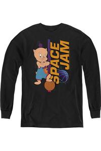 Space Jam 2: Свинка Пигги в стойке, молодежный худи с длинным рукавом Gildan, черный