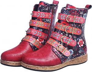 Женские ботильоны Dsisskai с плоской подошвой, винтажный цветочный принт, ремешок с пряжкой, кожаные сапоги до середины голени с молнией, ретро с круглым носком, модные боевые и верховые сапоги для женщин, Red
