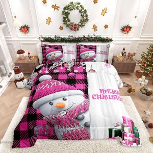Erosebridal Комплект постельного белья Winter Snowman для детей с рождественским принтом в розовую и черную клетку, Pink Black