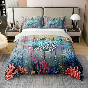 Erosebridal Комплект постельного белья Shark из 100% хлопка с принтом в виде брызг чернил в коралловых океанских тонах, Blue Green