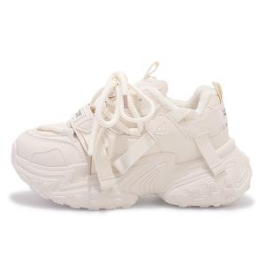 SNXR Женские противоскользящие износостойкие низкие массивные кроссовки с бежевым кожаным верхом и флисовой подкладкой, цвет Beige Leather Upper with Fleece-Lined Inner Layer