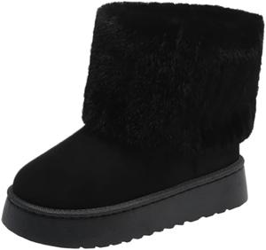 Женские зимние сапоги из искусственного меха до середины икры - с круглым носком, из замши, с теплой меховой подкладкой, на платформе, плоские, удобные, для улицы, модные сапоги без застежки с плюшевой подкладкой до щиколотки Hhhchpm, Black