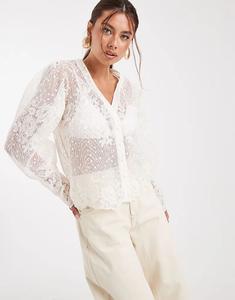 Блузка Object Premium из прозрачного кружева с вельветовым узором и пуговицами спереди кремового цвета
