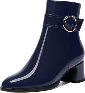 Женские ботинки MOVINSTEPS с молнией, круглый носок, холодная погода, лакированные, уличные, с ремешком на щиколотке, однотонные, массивный низкий каблук, высокие на щиколотке, 5 см, Navy Blue
