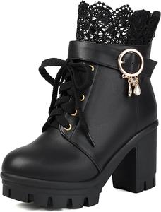 Женская мода Ботильоны на толстом каблуке с круглым носком, шнуровкой и молнией, платформой, нарядные короткие ботильоны JOEUSTY, Black