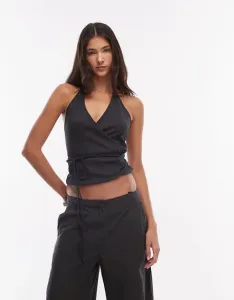 Черный топ с запахом на шее Weekday