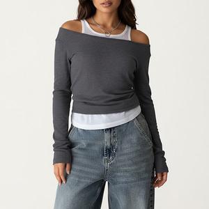 Топ с длинным рукавом и многослойной вязкой с открытыми плечами и свободным кроем Anna-Kaci, Dark Gray