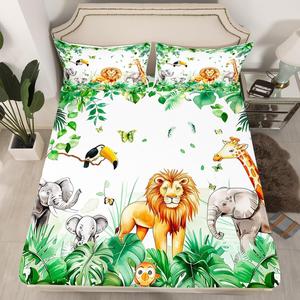 Erosebridal Комплект постельного белья Animal Theme с принтом диких животных для детей, Green Yellow Grey