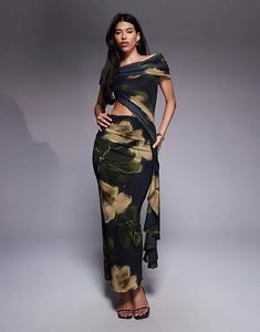 Платье миди ASOS DESIGN из сетки с открытыми плечами, сборками, оборками и поясом-лентой с цветочным принтом черного и зеленого цветов